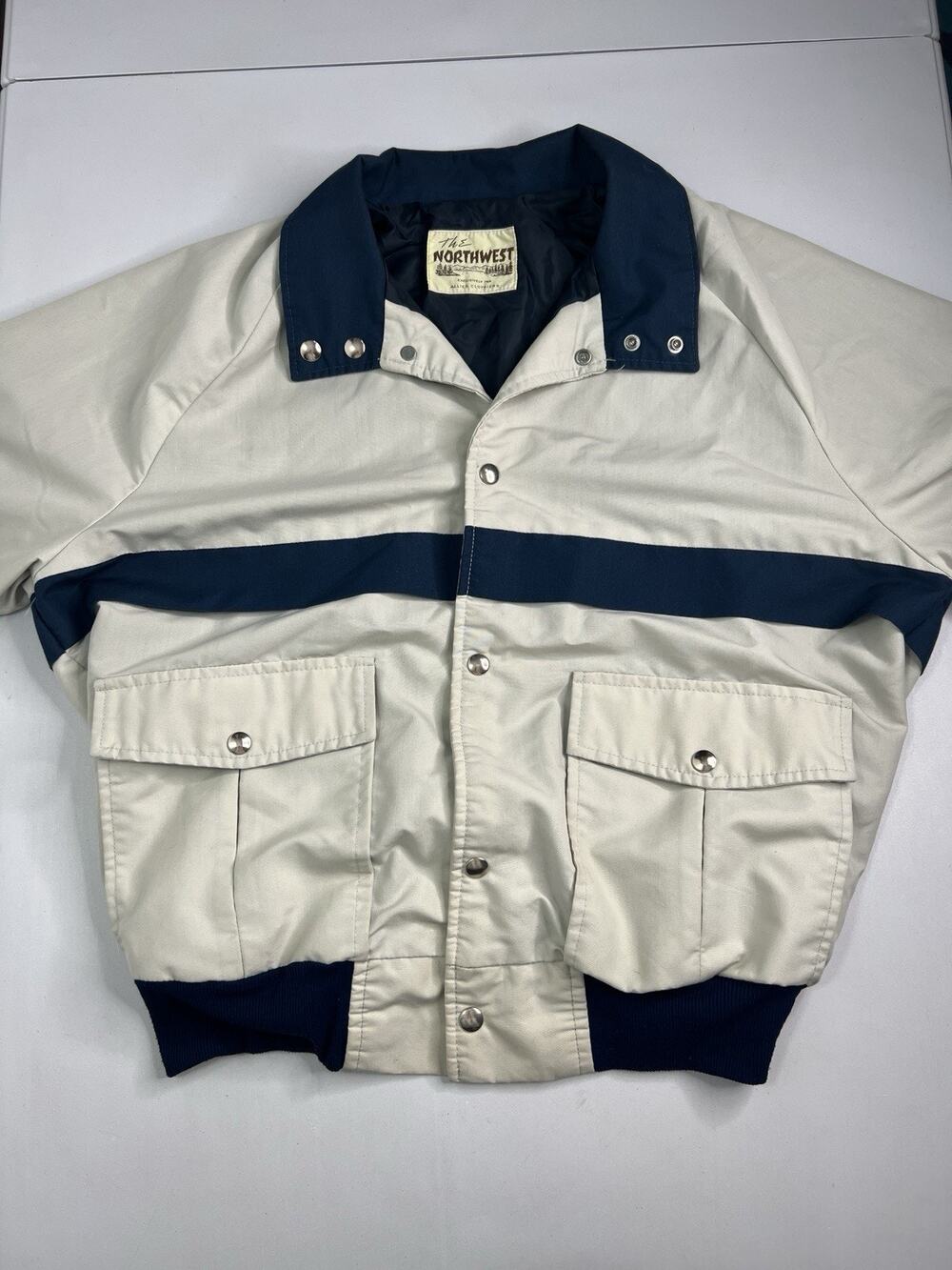 Vintage 80’s The Northwest Bomber Jacket Cream Navy Blue Gorpcore Men’s Large